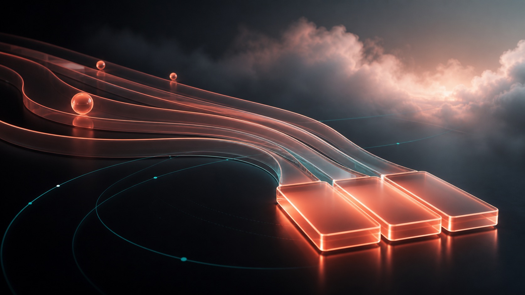 Translucent coral glass planning lanes converging into three precise daily action blocks on a dark surface, with subtle teal trajectory lines and fog clearing ahead, symbolizing an AI planner turning a long-term goal into today's exact work.