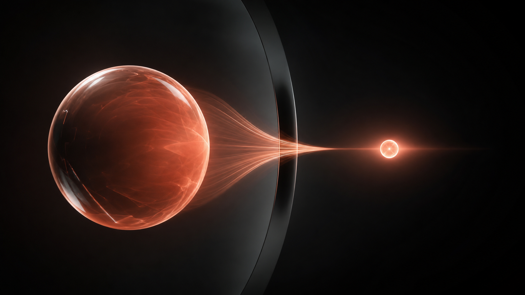 A coral glass sphere compressed through a dark aperture into one precise glowing orb, symbolizing an AI goal setting app.