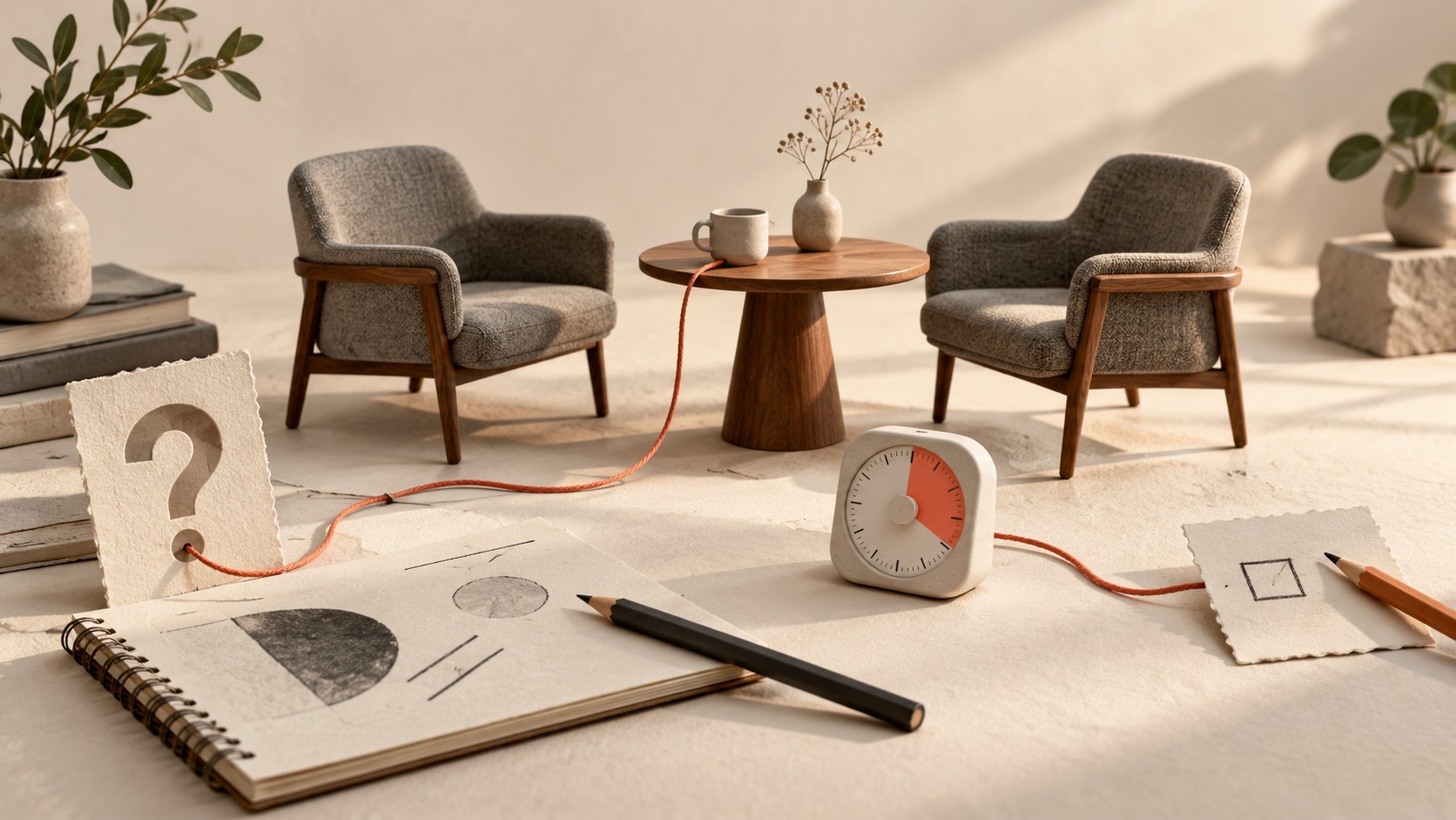 Two empty chairs face a small table while a coral thread connects a question card, an analogue timer, and a notebook for the next experiment.