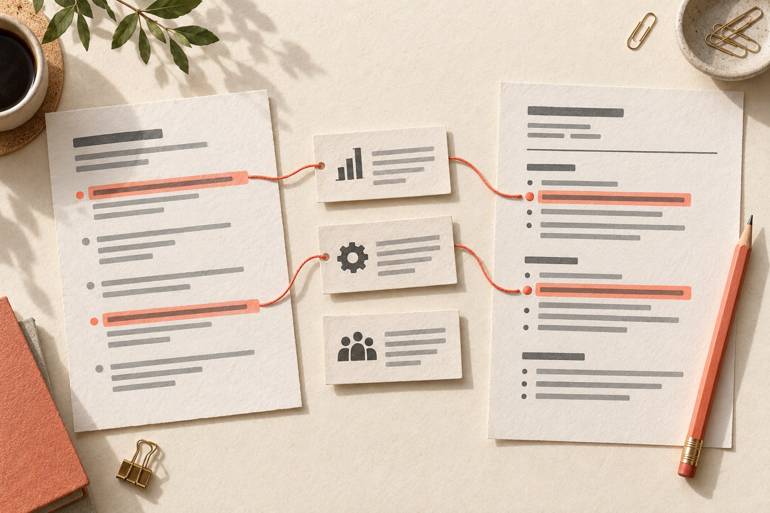 A coral thread connects selected lines on a job-description sheet to evidence cards and a revised resume on a cream desk.